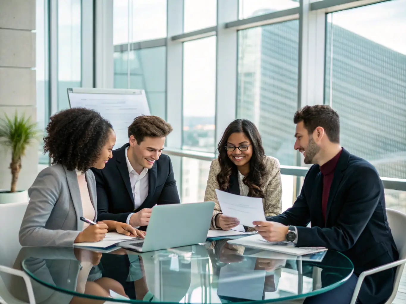 A diverse group of professionals participating in a coalition meeting, shaking hands and discussing collaborative initiatives.