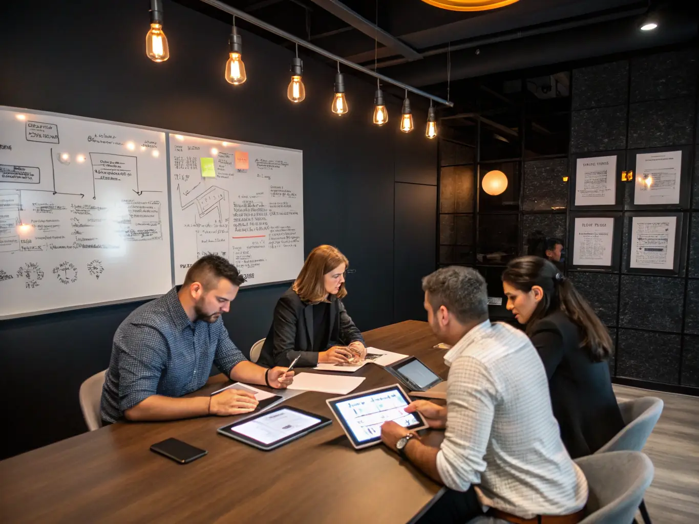 A consultant facilitating a strategic planning session with a diverse team, brainstorming ideas on a whiteboard in a modern office setting. The image should convey collaboration and problem-solving.