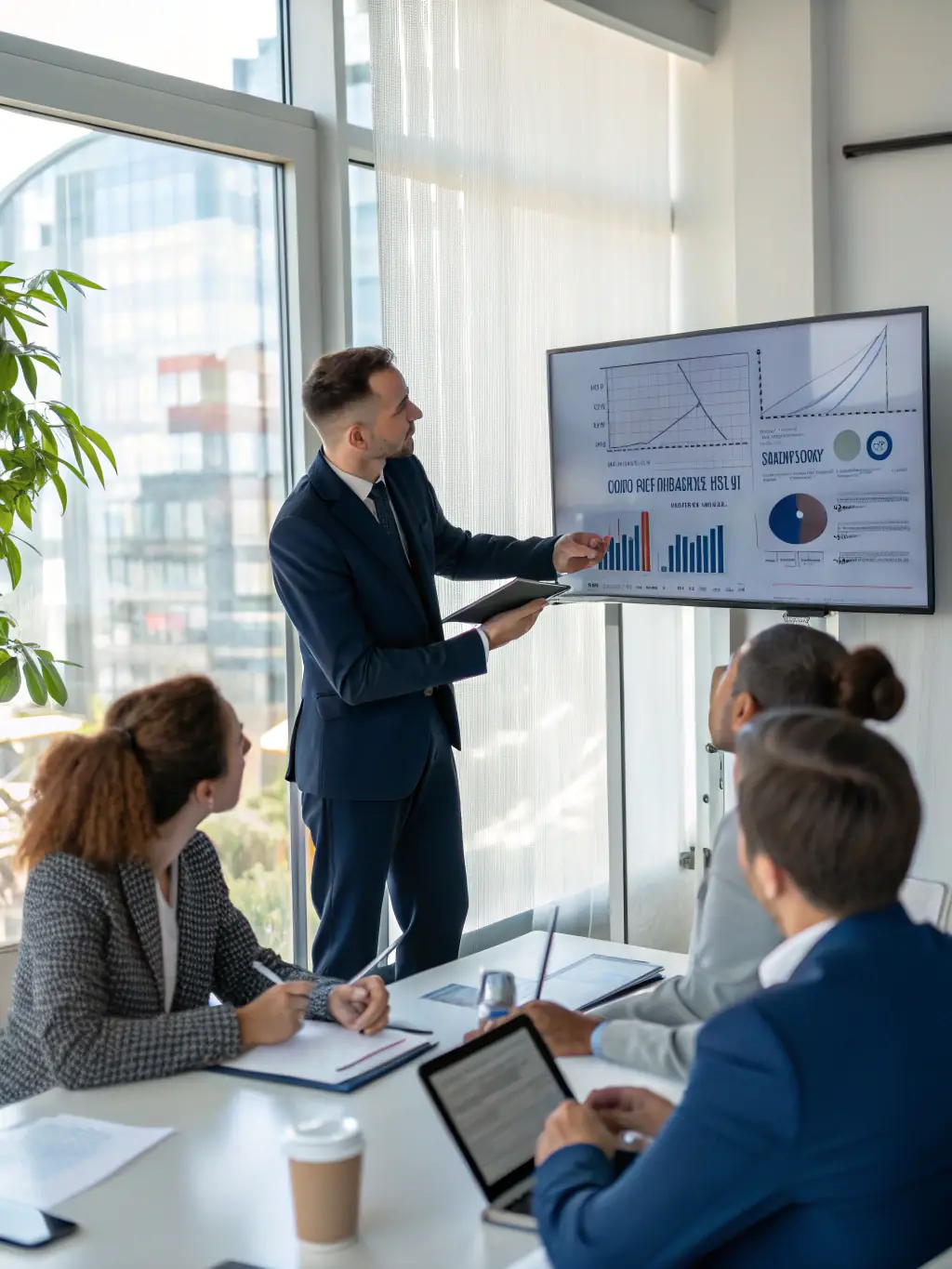 A consultant in a business suit facilitating a strategic planning session with a diverse team around a conference table, brainstorming ideas and mapping out future strategies.