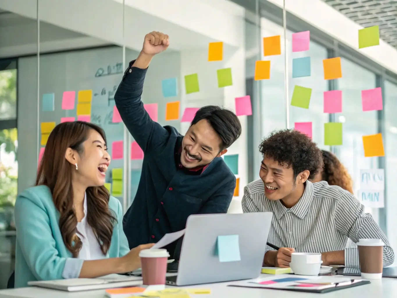 An image of a team brainstorming around a branding mood board with vibrant visuals and storytelling elements, showcasing the creative process behind brand development.