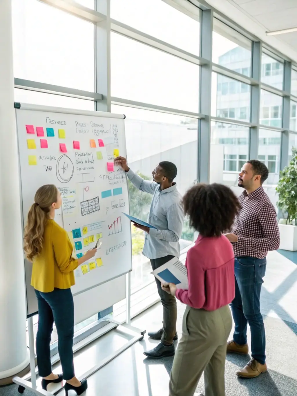 A vibrant image depicting a team brainstorming brand concepts, with sticky notes and sketches covering a whiteboard, symbolizing the creative process of brand building at Perafox Solutions.