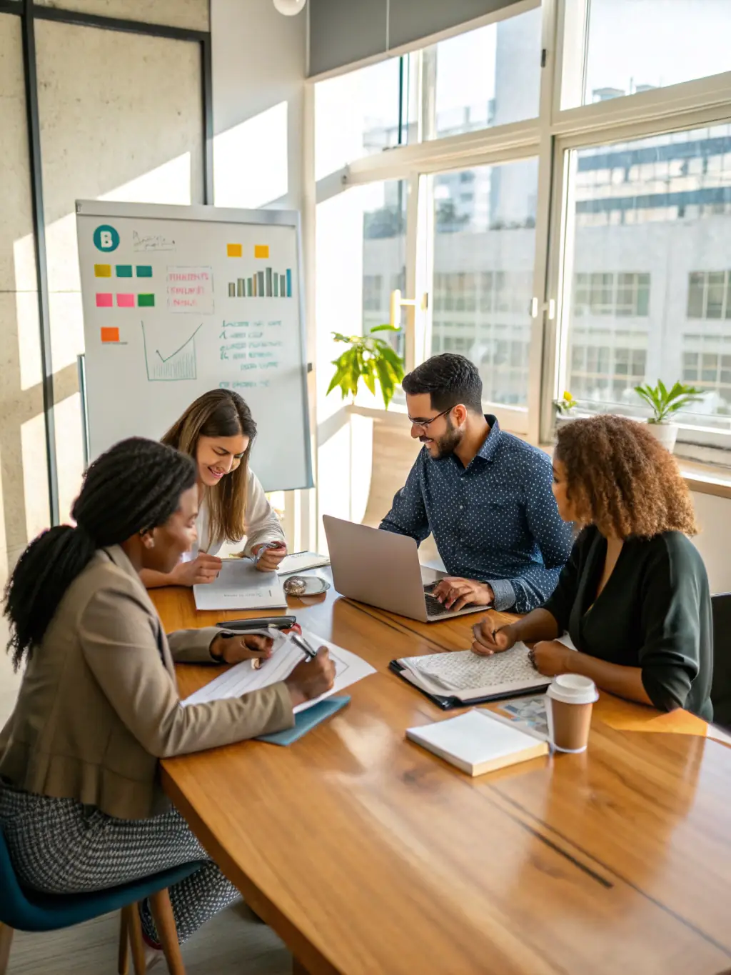 An image of a strategic planning session, with team members analyzing market trends and developing innovative strategies for a client's business growth.