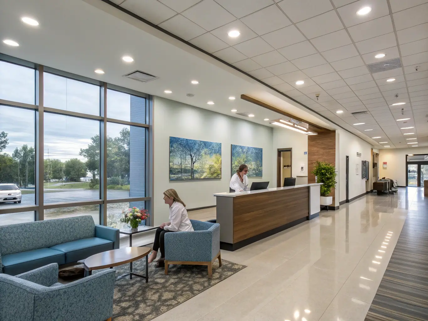 A modern hospital lobby scene, representing health systems, with diverse staff and patients interacting in a clean and welcoming environment.