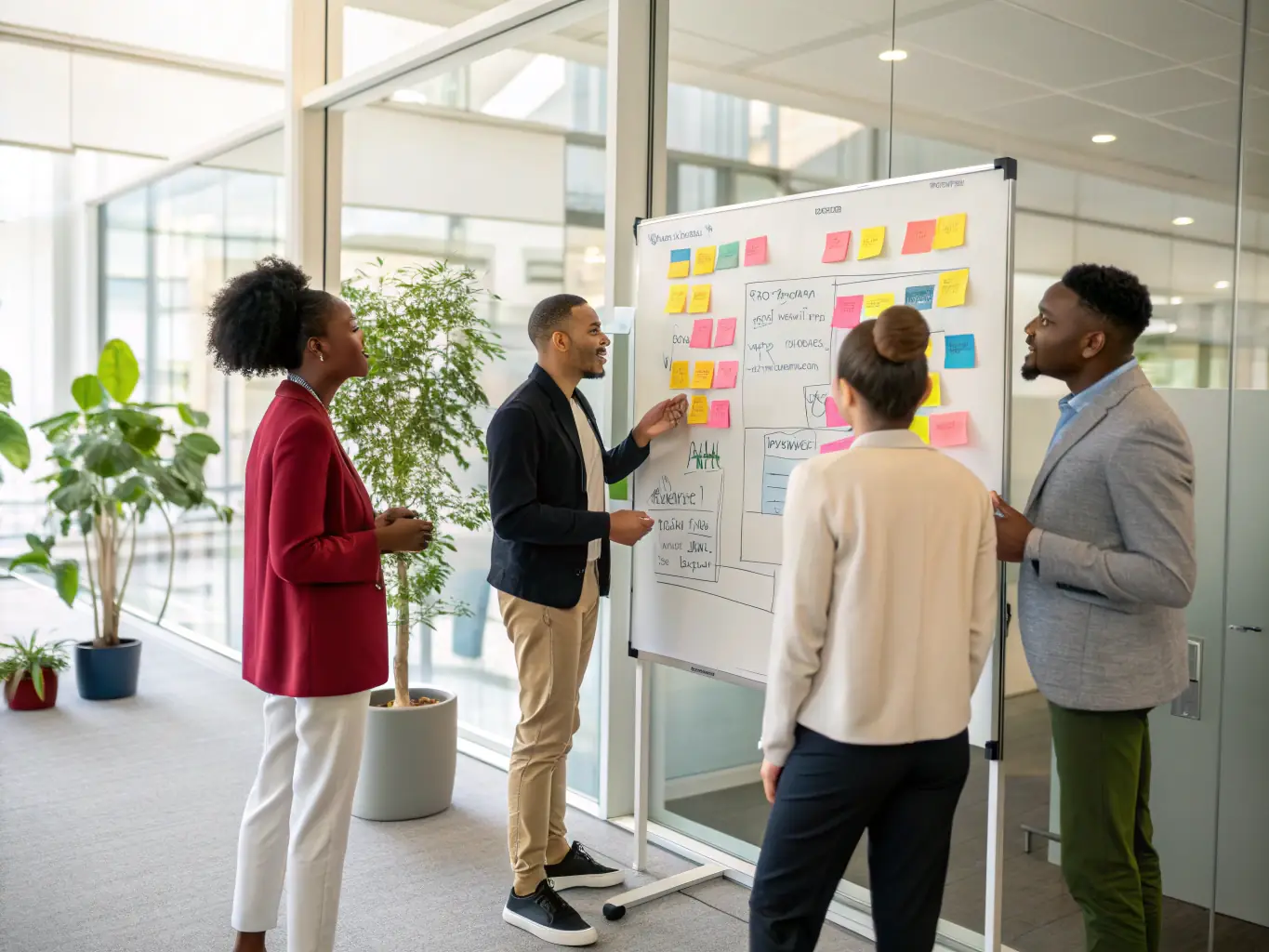 A professional workspace showcasing a team brainstorming brand strategy ideas on a whiteboard, with sticky notes and markers scattered around, symbolizing collaborative planning.