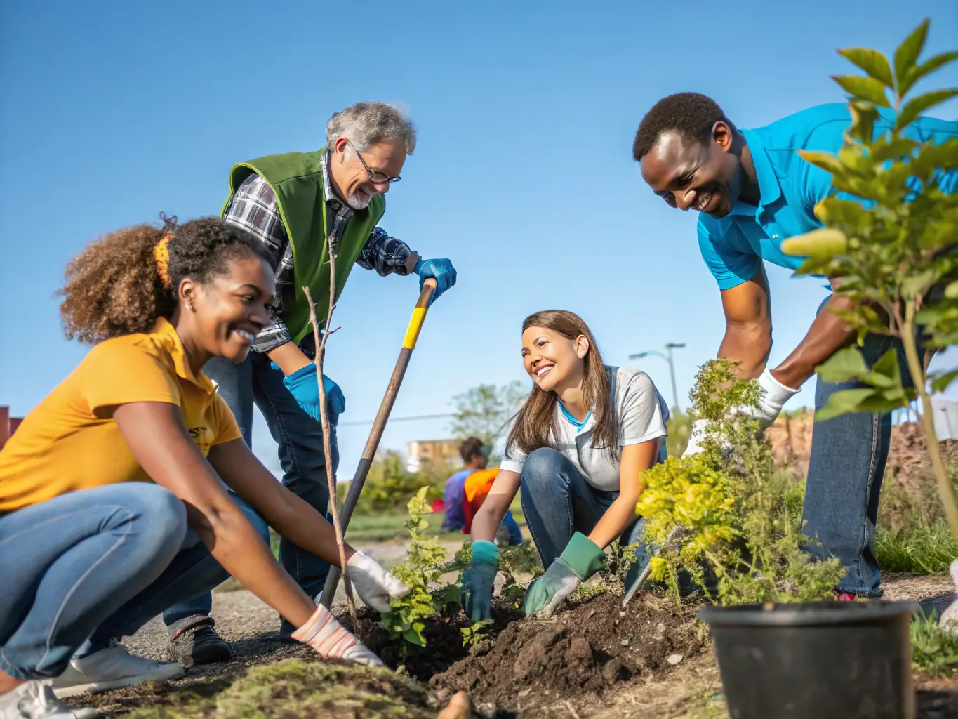 A group of volunteers working together on a community project, representing nonprofits, with a focus on collaboration and positive change.