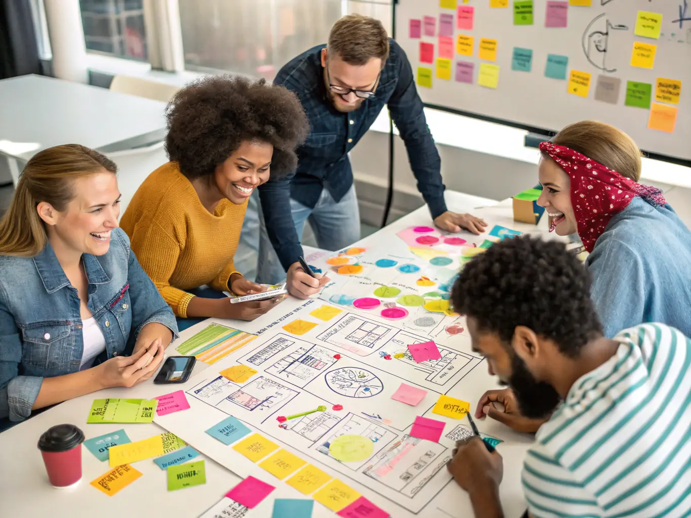 A diverse group of people participating in a stakeholder engagement workshop, actively discussing and sharing ideas around a table, representing inclusive collaboration.