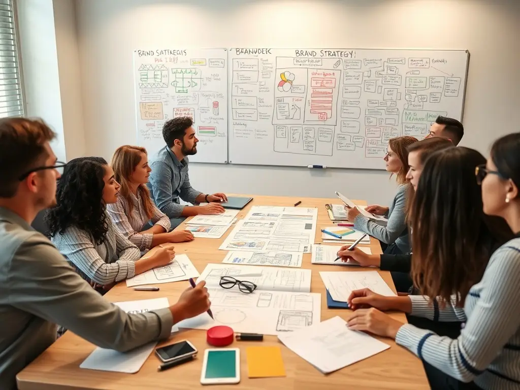 An image of a team workshop with branding charts and creative brainstorming sessions, symbolizing Perafox Solutions' brand strategy service.