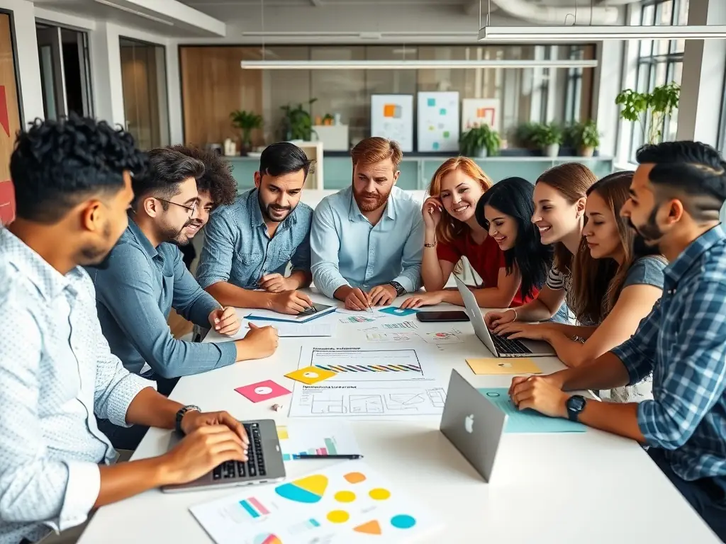 A diverse team collaborating around a branding workshop, with visual elements of storytelling and strategy tools, representing Perafox Solutions' approach to brand strategy.
