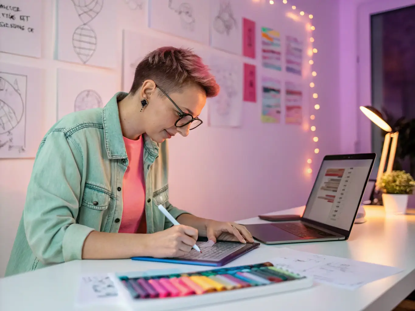 A creative team brainstorming storytelling ideas, using a digital tablet to visualize narratives and brand elements.