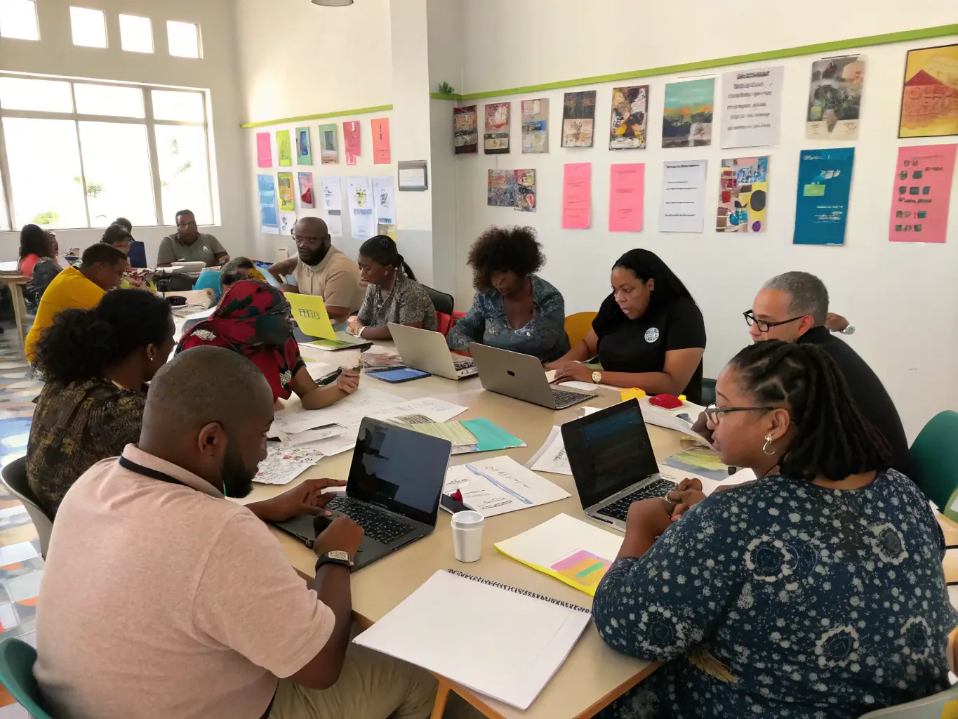 A photograph capturing a diverse group of community members actively participating in a workshop, emphasizing collaboration and community engagement.