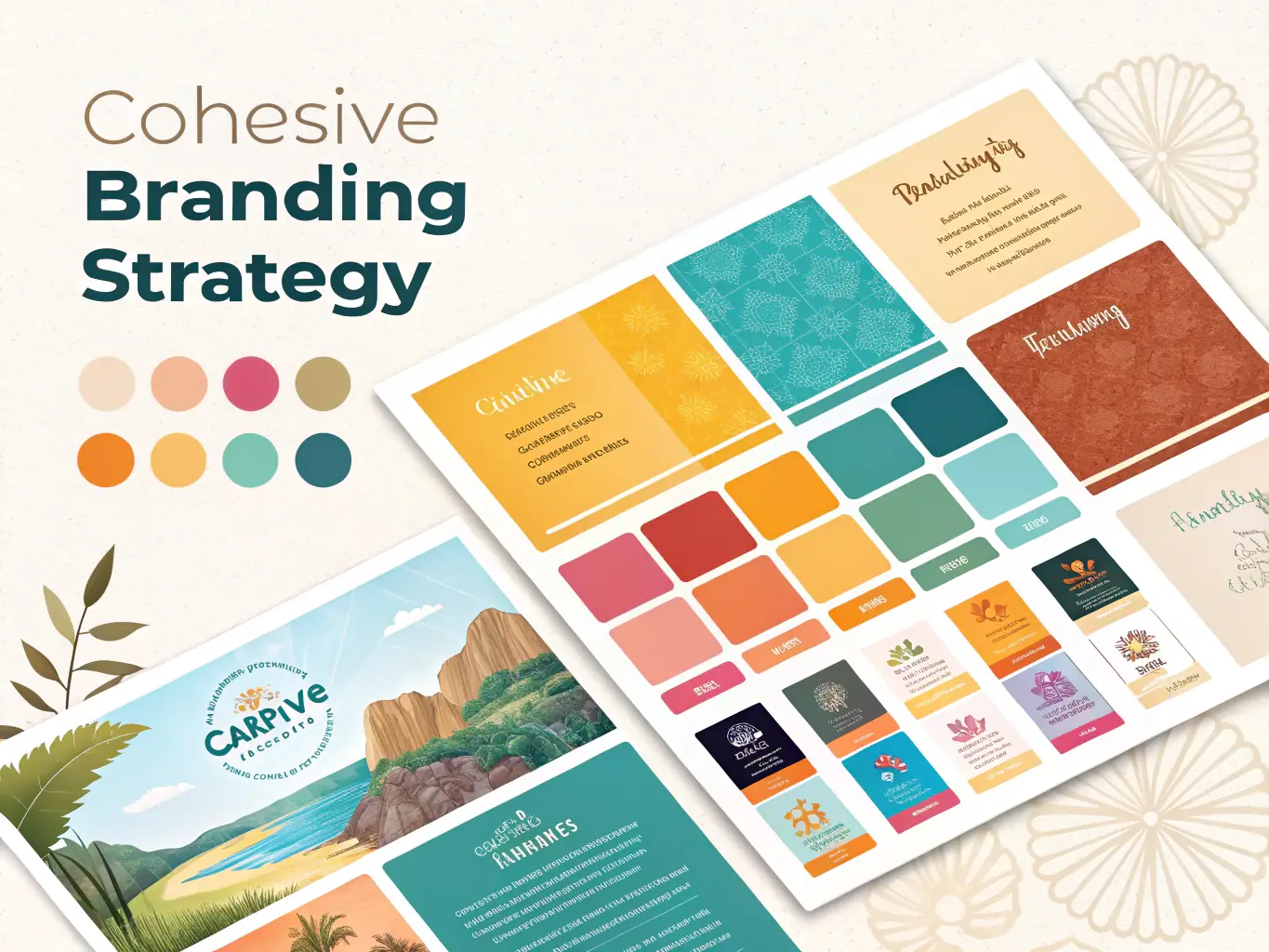 An image showcasing a collection of brand logos, color palettes, and branding materials, representing Perafox Solutions' branding and identity services.