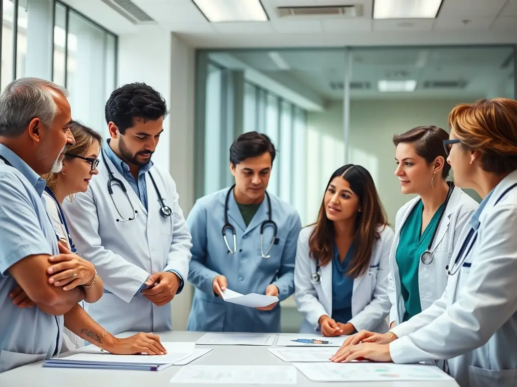 A diverse group of healthcare professionals collaborating on a public health initiative, representing the nonprofit and public health sector.