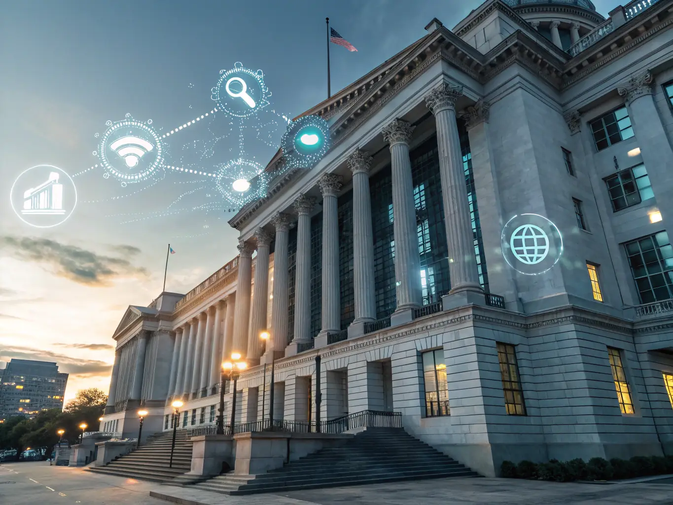 A government building with flags waving, representing government initiatives.