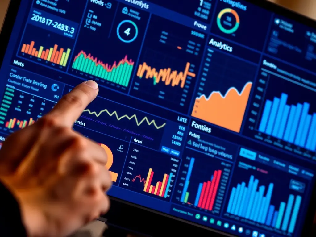 A visually striking image of a data analytics dashboard displaying positive growth trends and engagement metrics, representing Perafox Solutions' data-driven approach and measurable results.