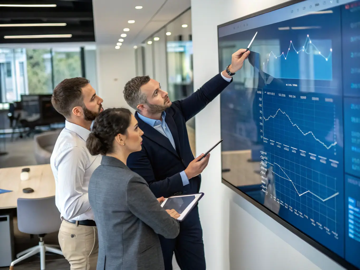 An image depicting a team of consultants deeply engaged in a discovery session, reviewing research data and listening intently to a client's story, symbolizing the 'Discover' phase.