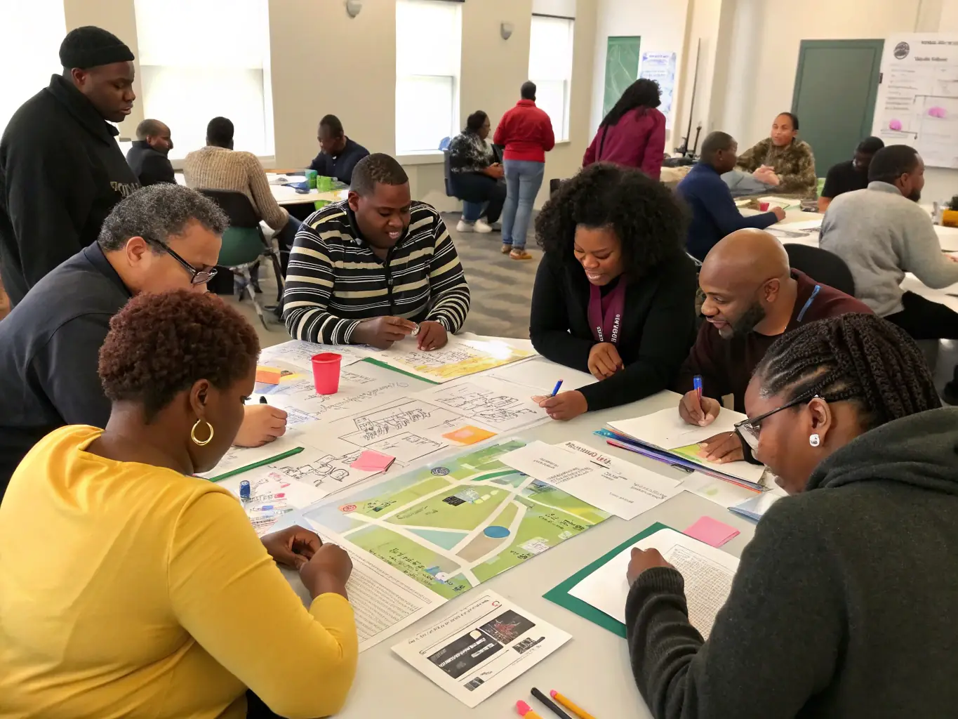 A group of diverse community leaders in a strategic planning session, exchanging ideas and forming partnerships, illustrating Perafox Solutions' coalition development services.