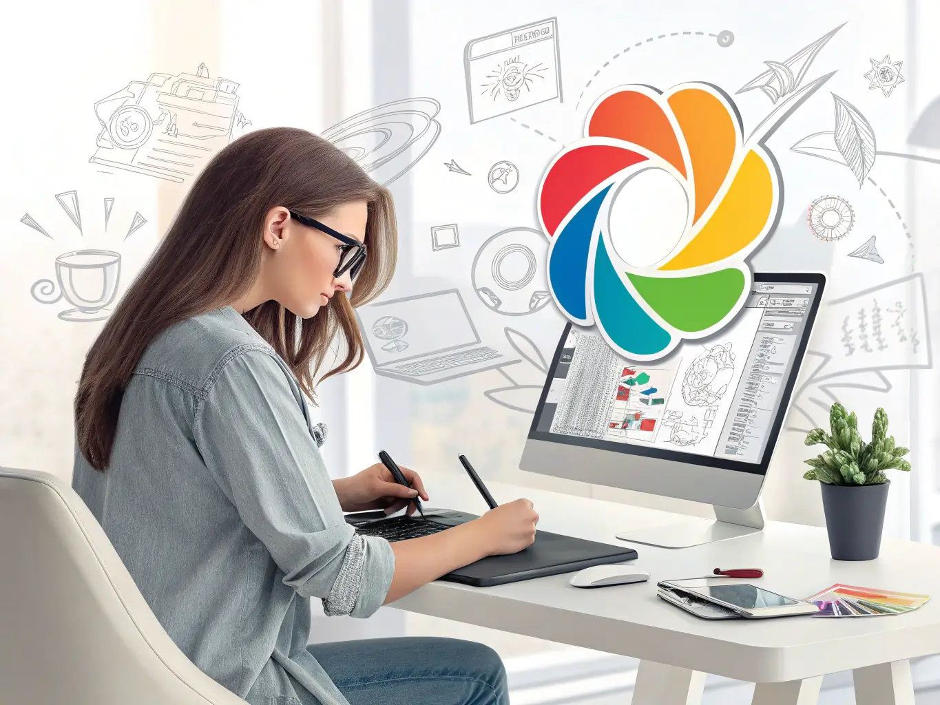 A graphic designer working on brand visuals, with mood boards and style guides displayed around the workspace. The image should evoke creativity and brand identity development.