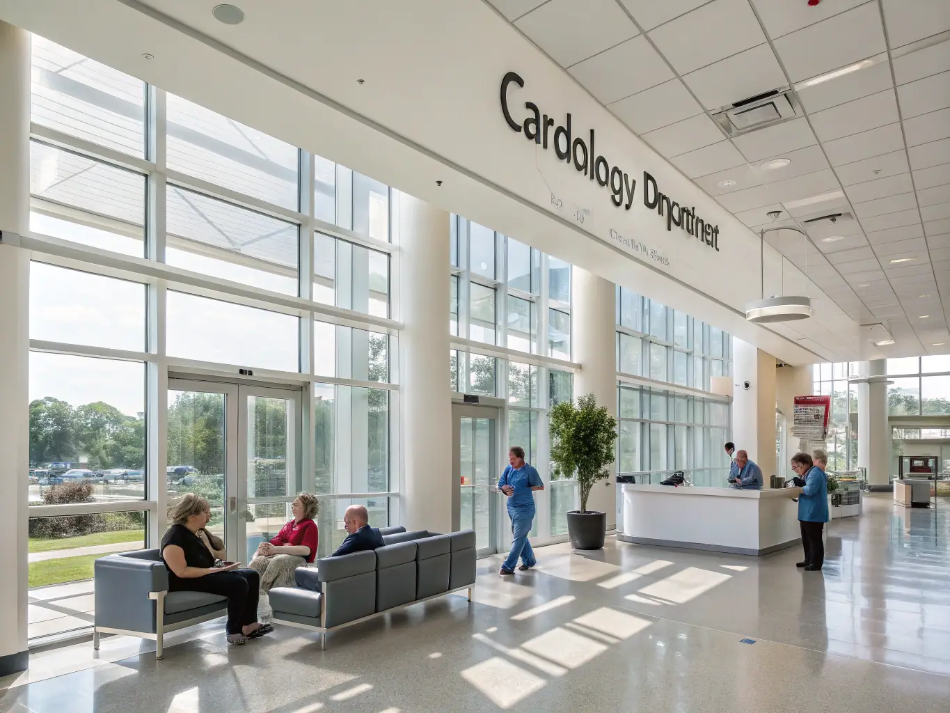 A modern hospital lobby with people walking around, representing health systems.
