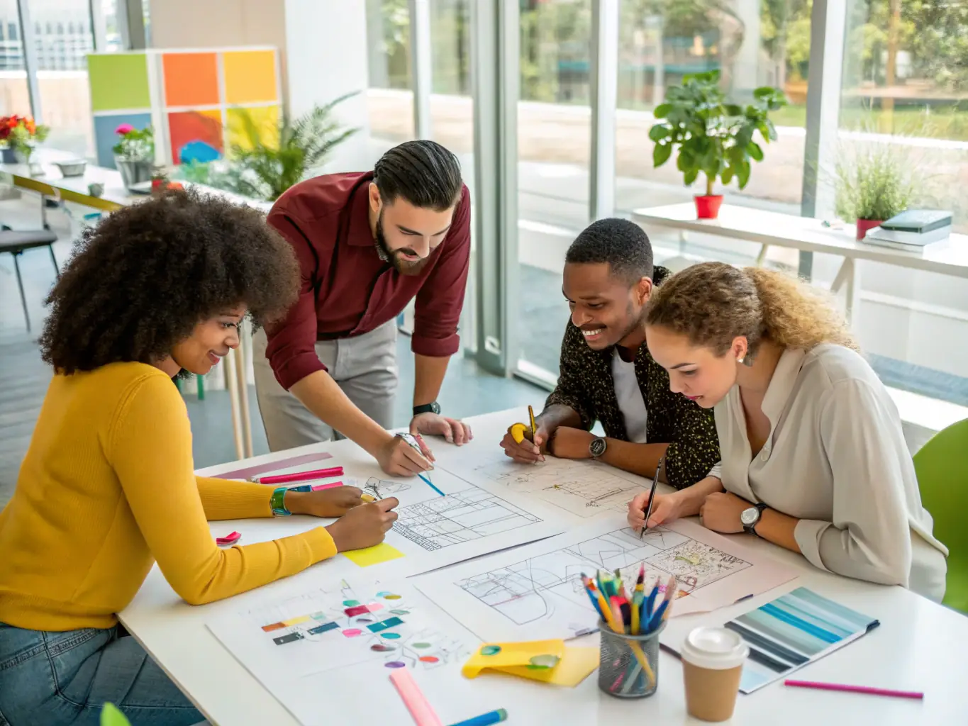 An image showing a collaborative design workshop, with team members brainstorming and sketching ideas on a whiteboard, representing the 'Design' phase.
